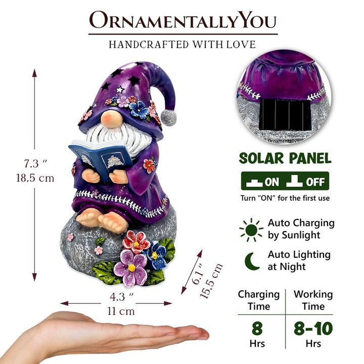 Enchanted Wisdom Solar Book Reader Gnome Figurine, 8" Lighted Lavender Purple Garden Statue Resin Statues OrnamentallyYou 