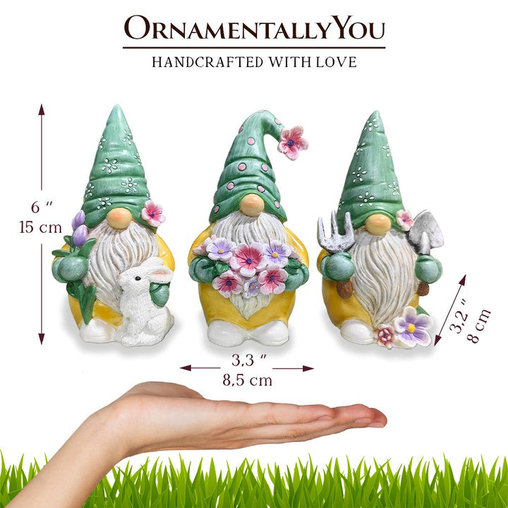 Garden Guardians Set of Three 6" Gardening Gnome Figurines, Floral Green and Yellow Statue Decor Resin Statues OrnamentallyYou 