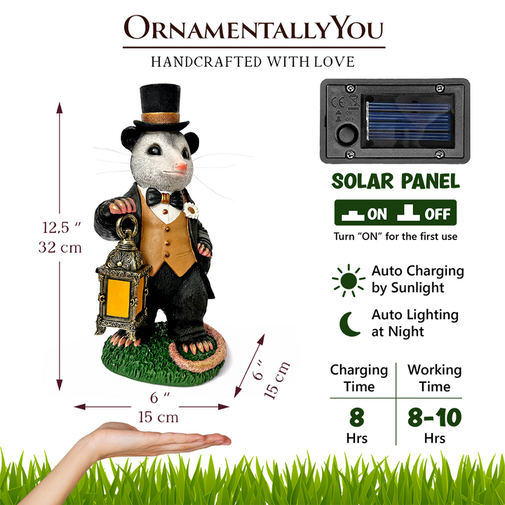 (Pre-Order) Gentleman Opossum the Victorian Nightcrawler with Solar Powered Lamp Statue, 13" Lighted Garden Statue
