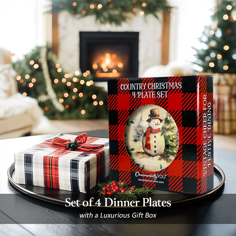 (Pre-Order) Holiday Cheer Set of 4 Plates with Real Gold Plaid Trim, Christmas Tableware Collection for Salad, Dessert, Appetizer, and Side Plates Plate Sets OrnamentallyYou 