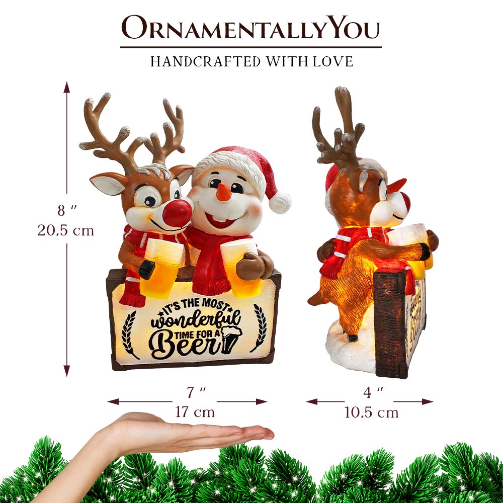 (Pre-Order) It's the Most Wonderful Time for a Beer Festive Figurine, 8" Snowman and Reindeer Christmas Party Statue Resin Statues OrnamentallyYou 