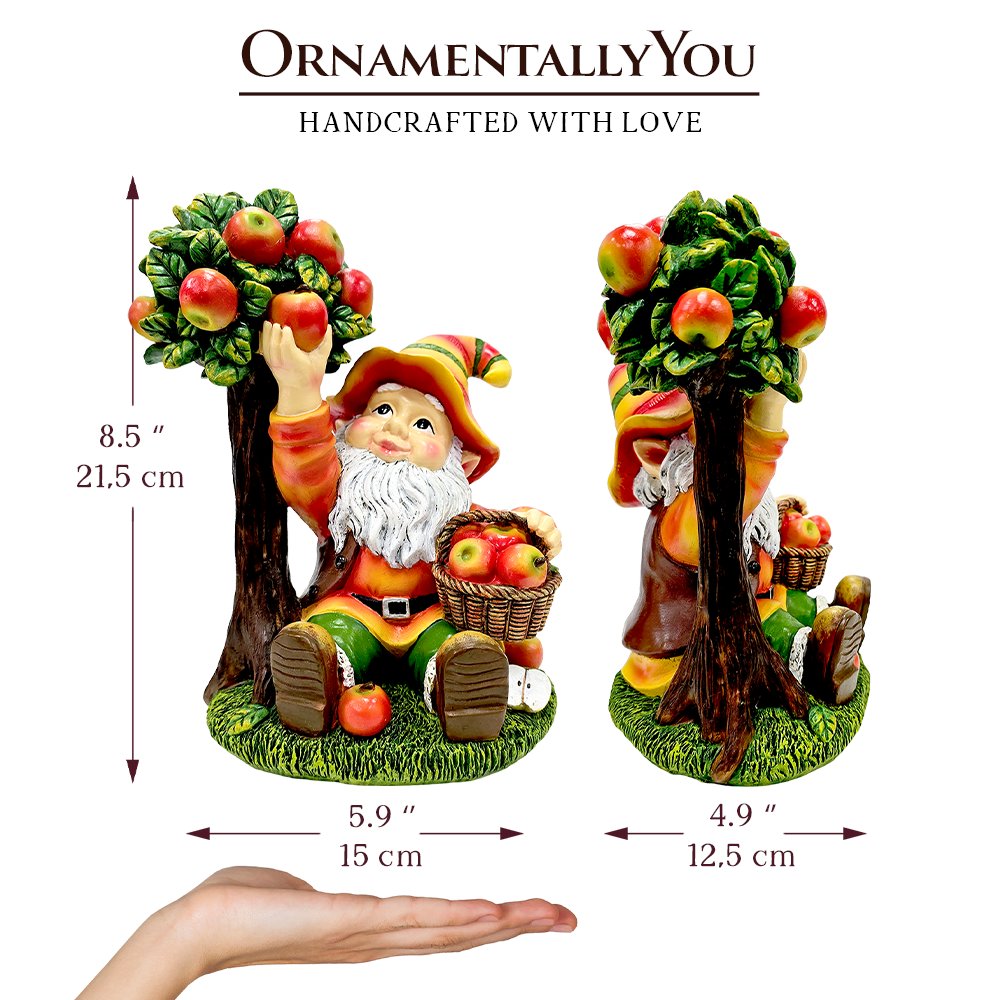 Johnny Apple Gnome Cute Garden Statue, 9" Orchid Picker Whimsical Dwarf Figurine Resin Statues OrnamentallyYou 