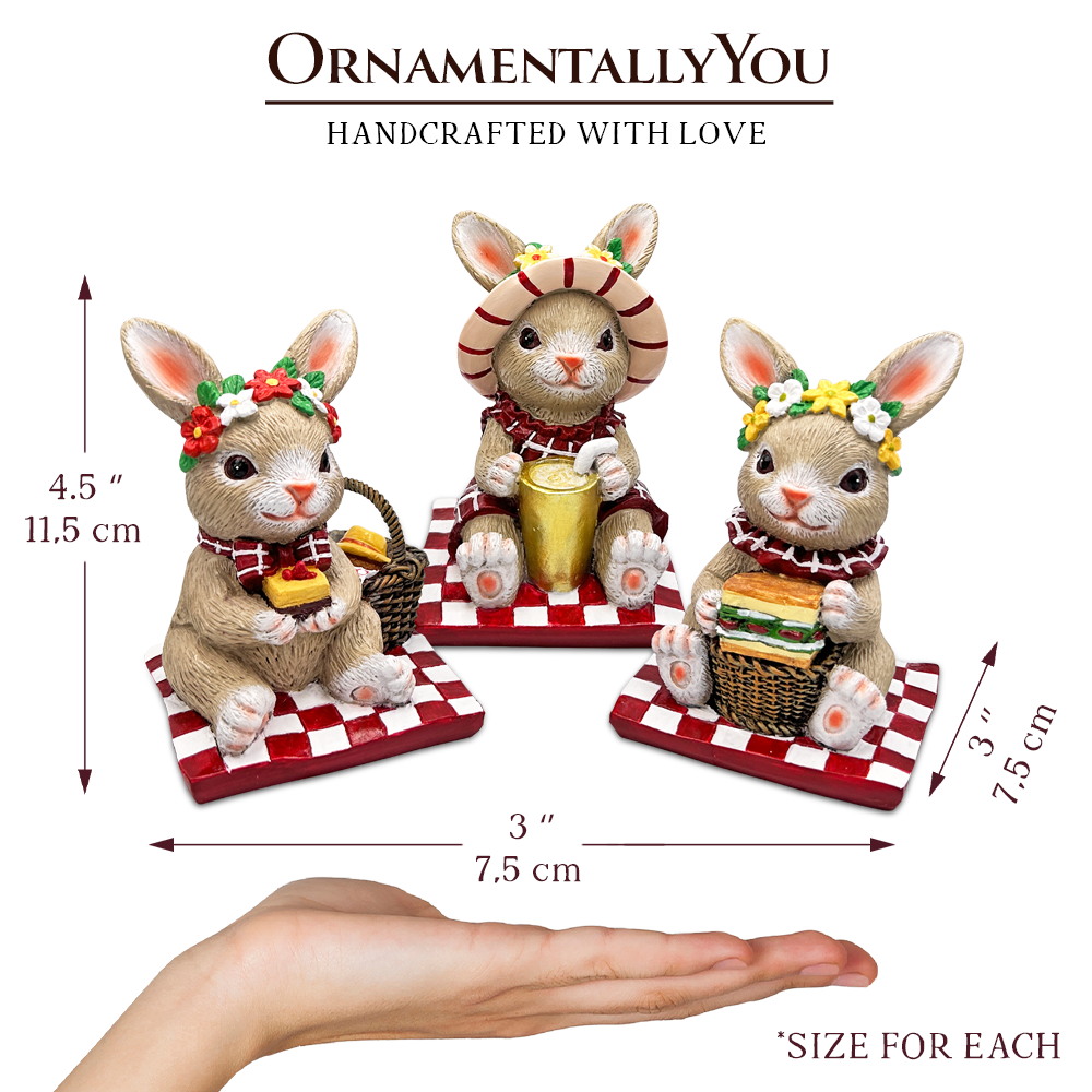 Joyful Picnic Gathering Bunny Trio Set of Three Figurines, Spring Rabbit Statue 4.5" Decor