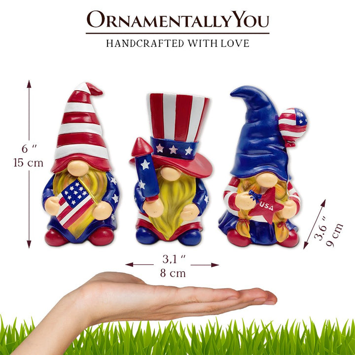 (Pre-Order) Patriotic Gnome Trio Figurines, 6" Set of Three Garden Statues and July 4th Decoration Resin Statues OrnamentallyYou 