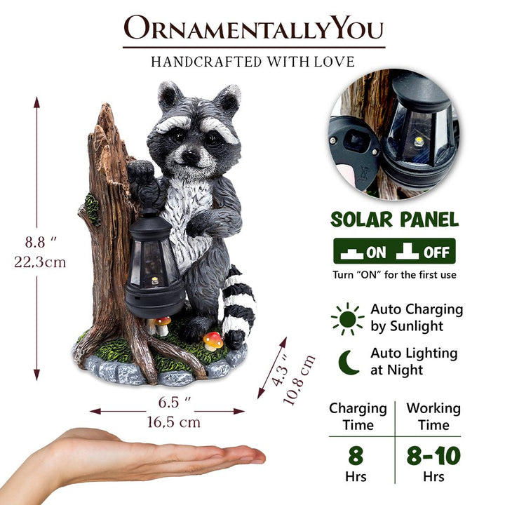 Raccoon Solar Lamp Garden Statue, 9" Lighted Animal Figurine Outdoor Decor Resin Statues OrnamentallyYou 