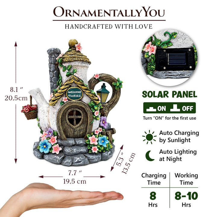 Solar Fairy Tea Pot House Garden Statue, 8" Lighted Mushroom Cottage Figurine Outdoor Decor Resin Statues OrnamentallyYou 