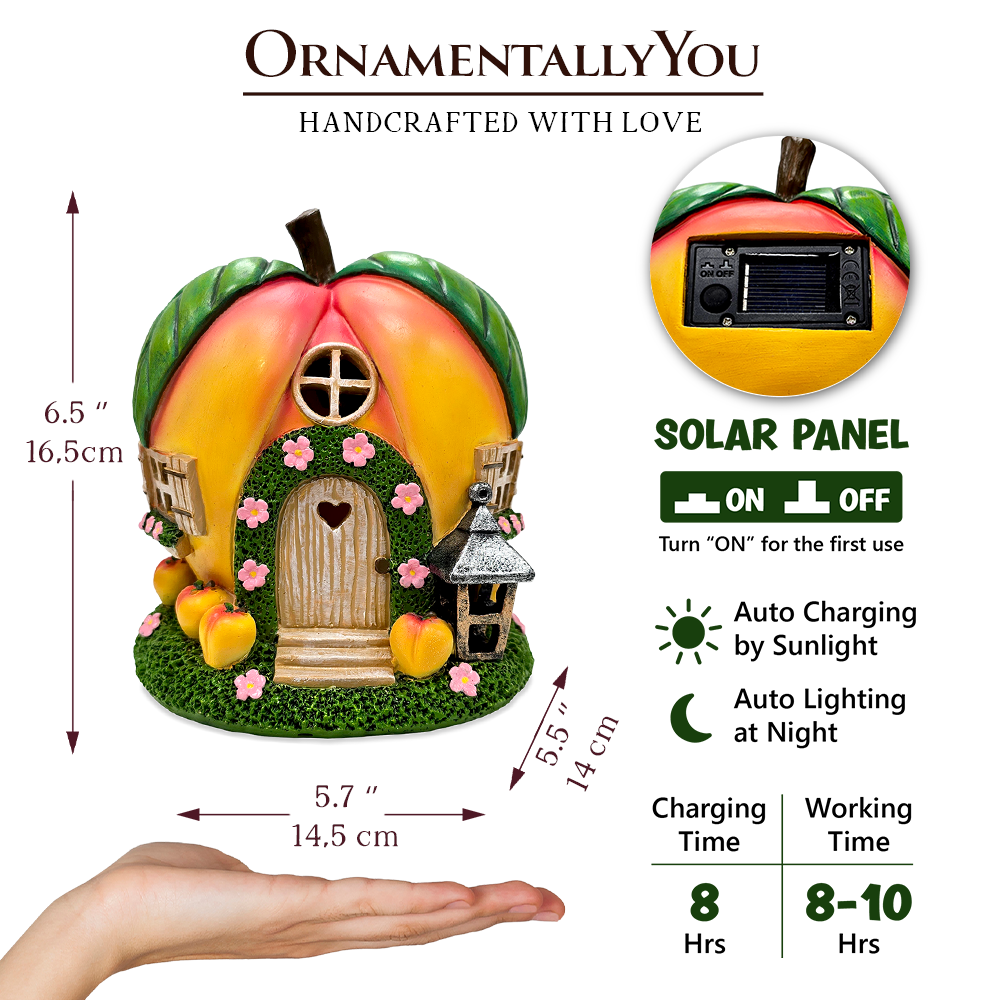 Solar Powered Peach Themed Garden Home Statue, 7" Lighted Cottage Figurine Outdoor Decor