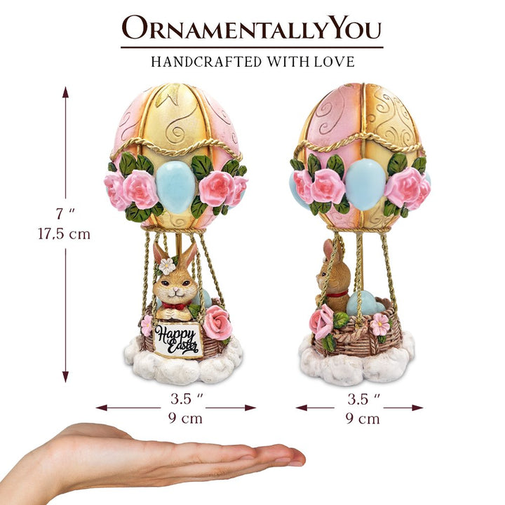 Springtime Voyage Easter Bunny Hot Air Balloon Figurine, 7" Charming Holiday Decor Resin Statues OrnamentallyYou 