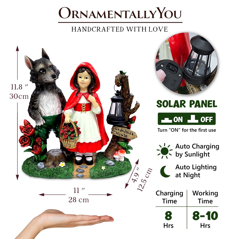 Solar Powered Little Red Riding Hood Garden Statue, 12" Lighted Fairy Tale Figurine Outdoor Decor Resin Statues OrnamentallyYou 