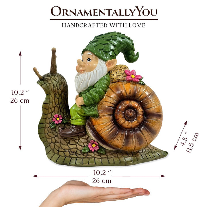 The Snailbound Gnome Cute Verdant Garden Statue, 10" Outdoor Yard or Forest Snail Decoration Resin Statues OrnamentallyYou 