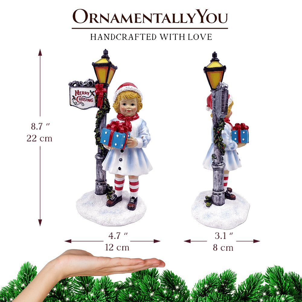 (Pre-Order) Victorian Style Christmas Girl and Street Lamp Tabletop Figurine, 8" Vintage Holiday Statue of a Gift Carrying Belle Resin Statues OrnamentallyYou 