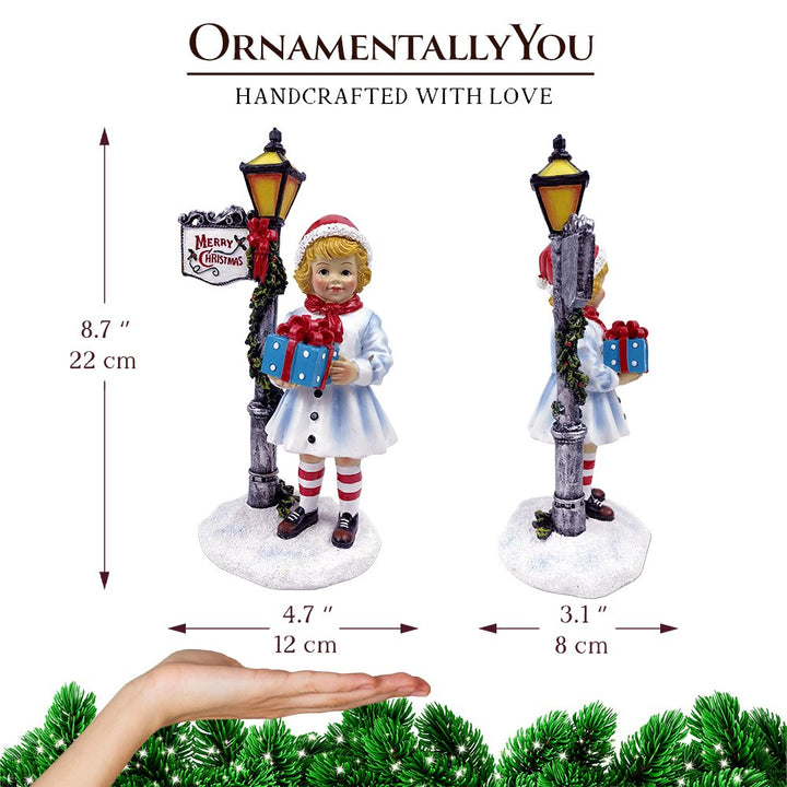 (Pre-Order) Victorian Style Christmas Girl and Street Lamp Tabletop Figurine, 8" Vintage Holiday Statue of a Gift Carrying Belle Resin Statues OrnamentallyYou 