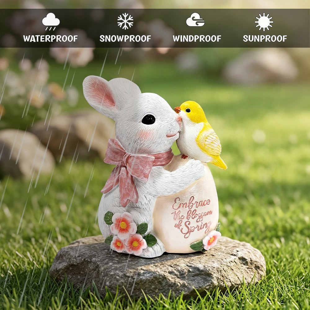 Bunny and Yellow Bird Easter Garden Statue, 7" Spring Rabbit Figurine Outdoor Decor Resin Statues OrnamentallyYou 