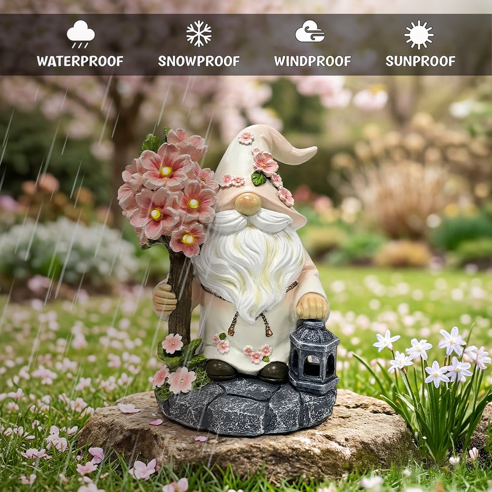 Cherry Blossom Gnome Solar Garden Statue, 8" Figurine and Floral Outdoor Decor Resin Statues OrnamentallyYou 