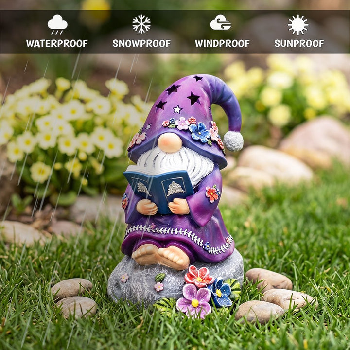 Enchanted Wisdom Solar Book Reader Gnome Figurine, 8" Lighted Lavender Purple Garden Statue Resin Statues OrnamentallyYou 
