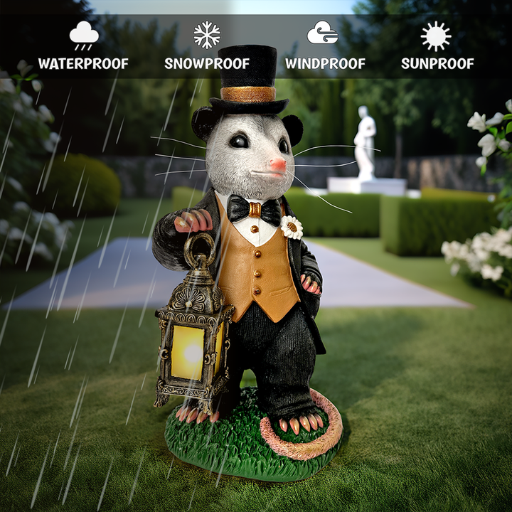 (Pre-Order) Gentleman Opossum the Victorian Nightcrawler with Solar Powered Lamp Statue, 13" Lighted Garden Statue