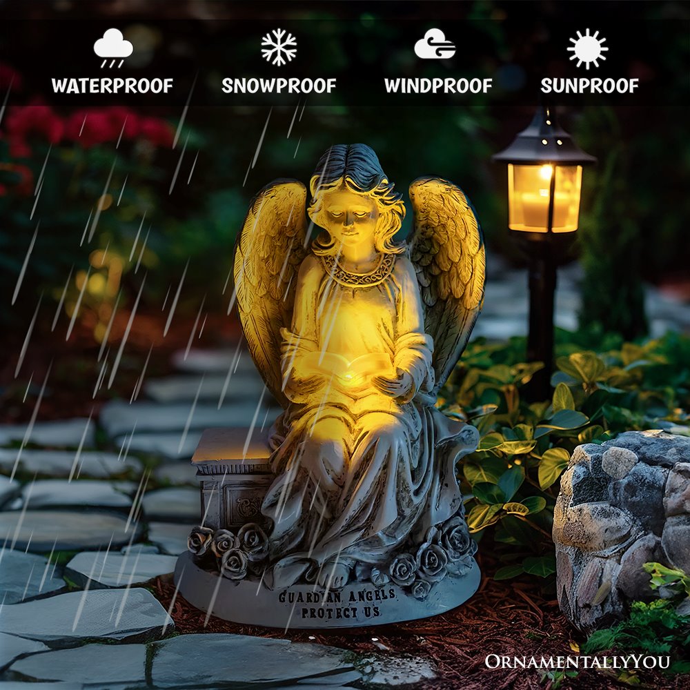 (Pre-Order) Guardian Angel Reading Book Garden Statue, 10" Solar Powered Angelic Outdoor Figurine Resin Statues OrnamentallyYou 