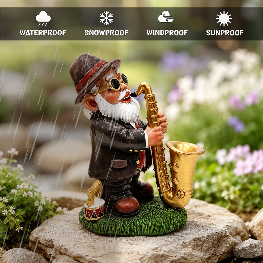Jazzy Gnome Garden Statue, 8" Music Playing Dwarf Figurine Outdoor Decor Resin Statues OrnamentallyYou 