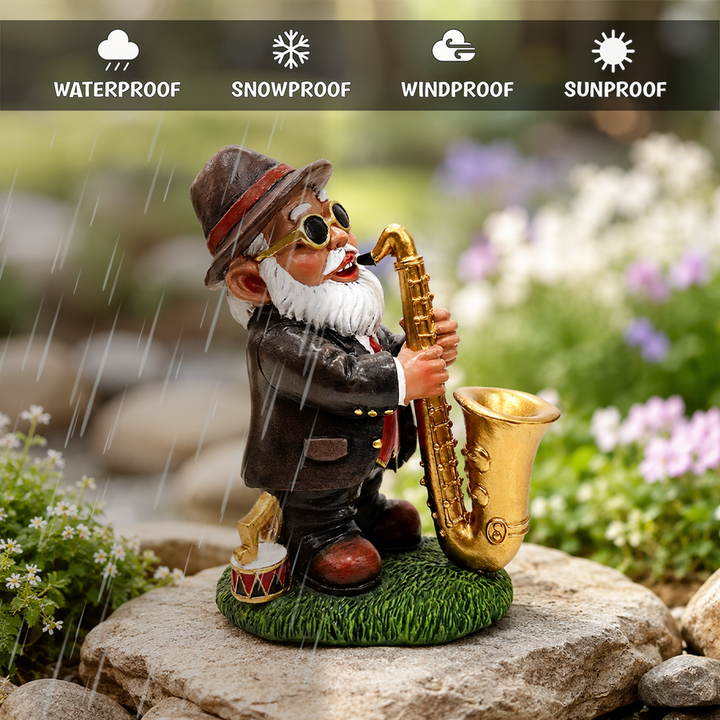Jazzy Gnome Garden Statue, 7.7" Music Playing Dwarf Figurine Outdoor Decor