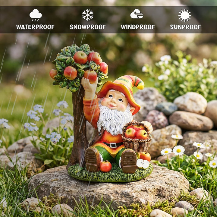 Johnny Apple Gnome Cute Garden Statue, 9" Orchid Picker Whimsical Dwarf Figurine Resin Statues OrnamentallyYou 