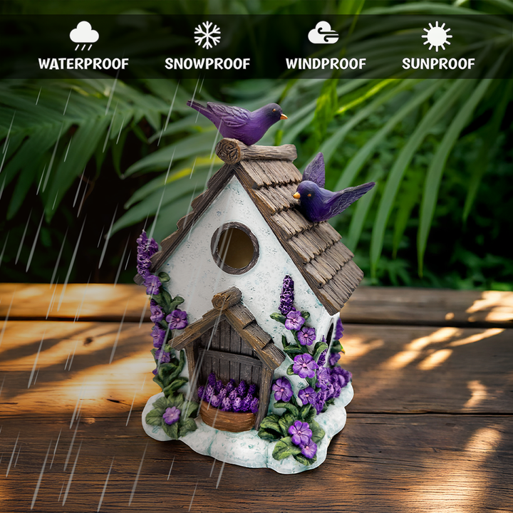 Lovely Floral Lavender Bird House Figurine, 7" Novelty Cottage Garden Decor