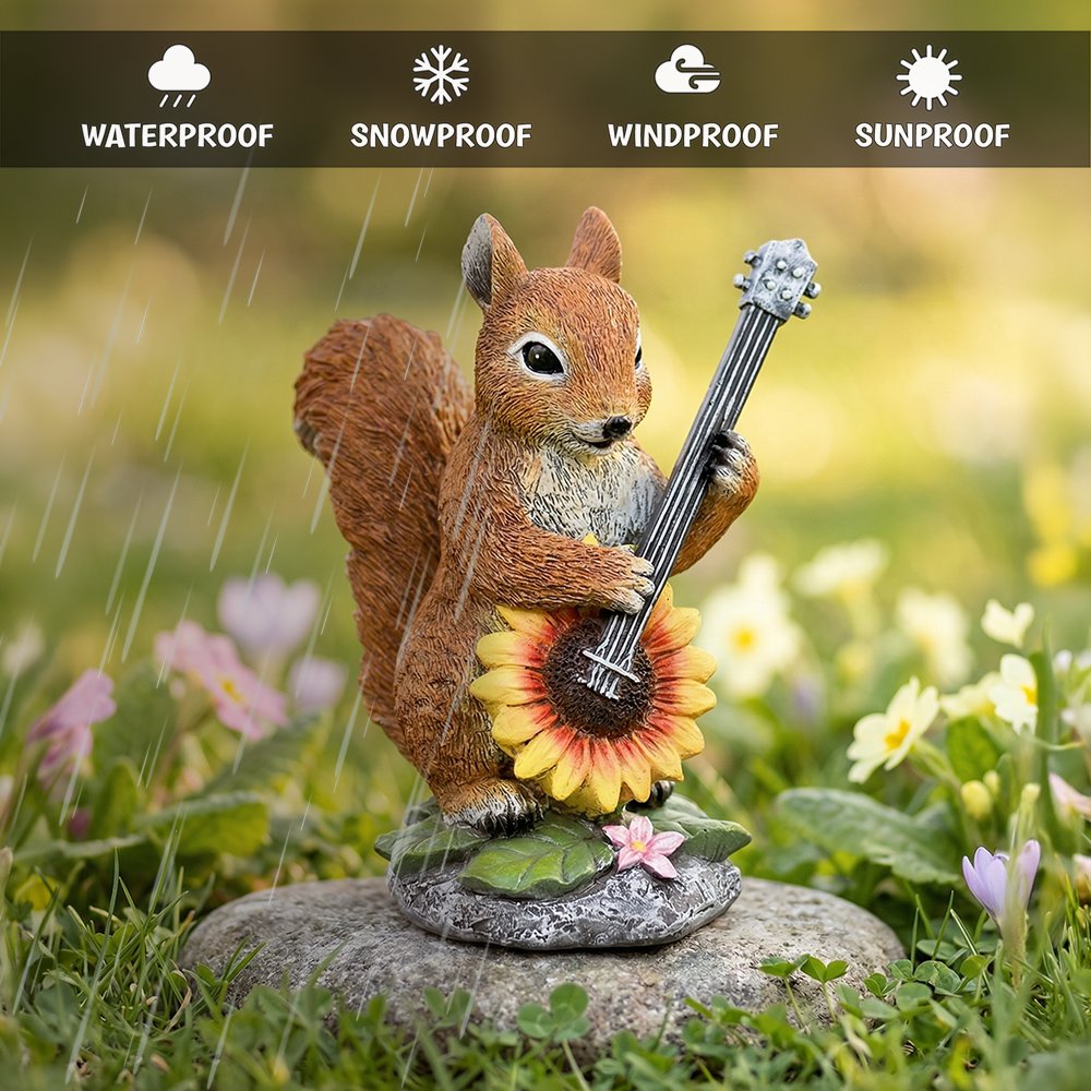 Melody of the Meadow Squirrel Garden Statue, 8" Sunflower Banjo Outdoor Decor Resin Statues OrnamentallyYou 