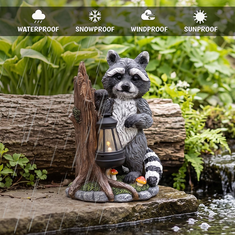Raccoon Solar Lamp Garden Statue, 9" Lighted Animal Figurine Outdoor Decor Resin Statues OrnamentallyYou 
