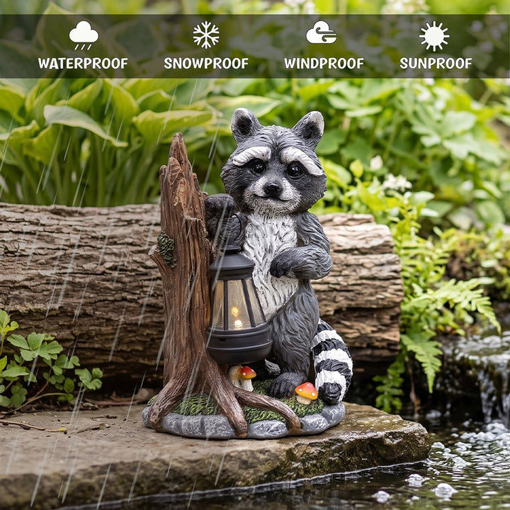 Raccoon Solar Lamp Garden Statue, 9" Lighted Animal Figurine Outdoor Decor Resin Statues OrnamentallyYou 