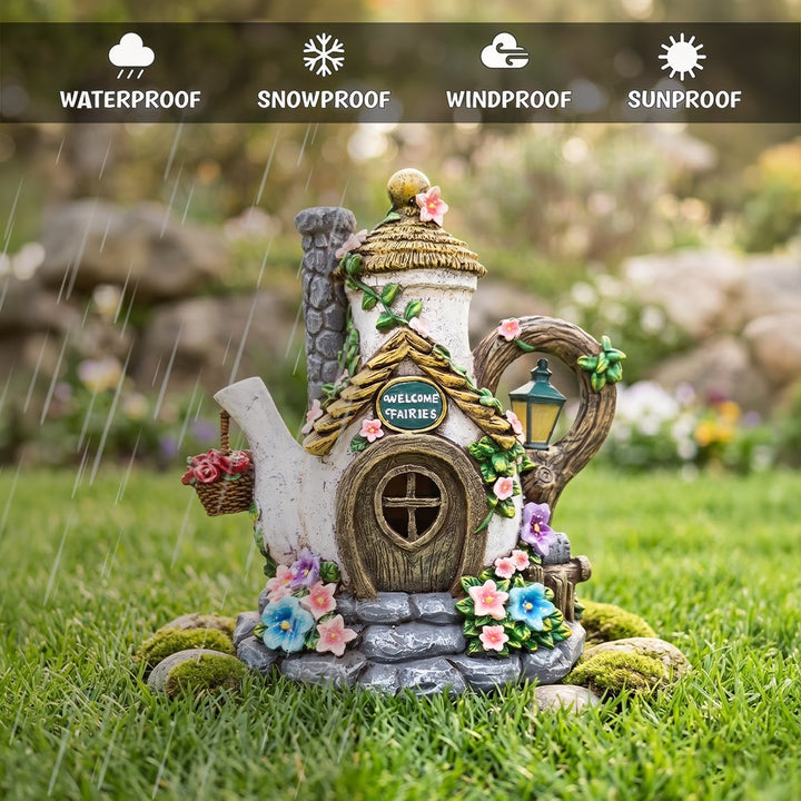 Solar Fairy Tea Pot House Garden Statue, 8" Lighted Mushroom Cottage Figurine Outdoor Decor Resin Statues OrnamentallyYou 
