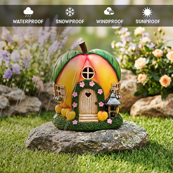 Solar Powered Peach Themed Garden Home Statue, 7" Lighted Cottage Figurine Outdoor Decor Resin Statues OrnamentallyYou 