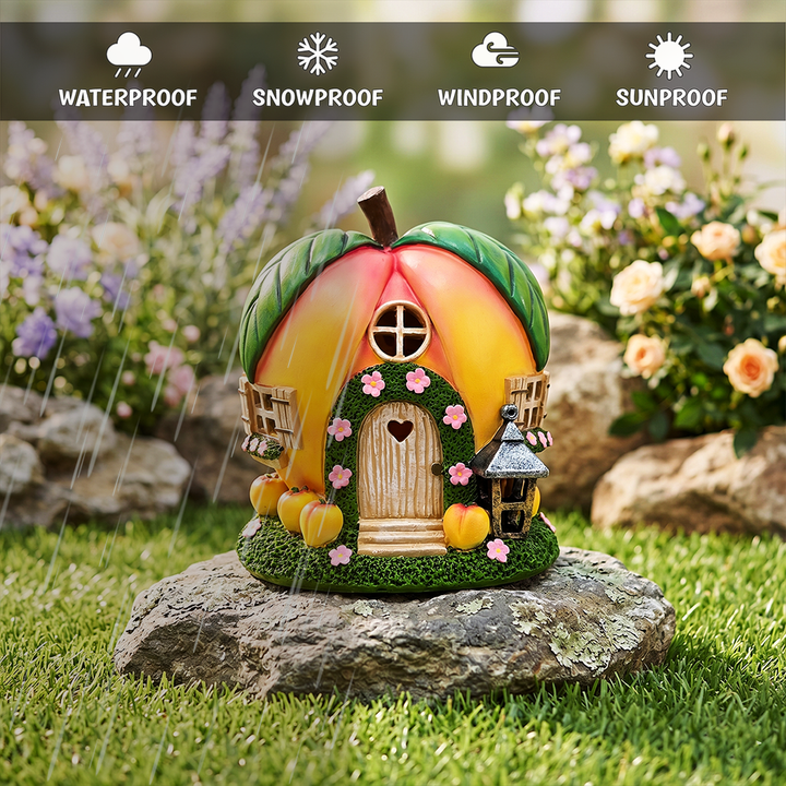 Solar Powered Peach Themed Garden Home Statue, 7" Lighted Cottage Figurine Outdoor Decor