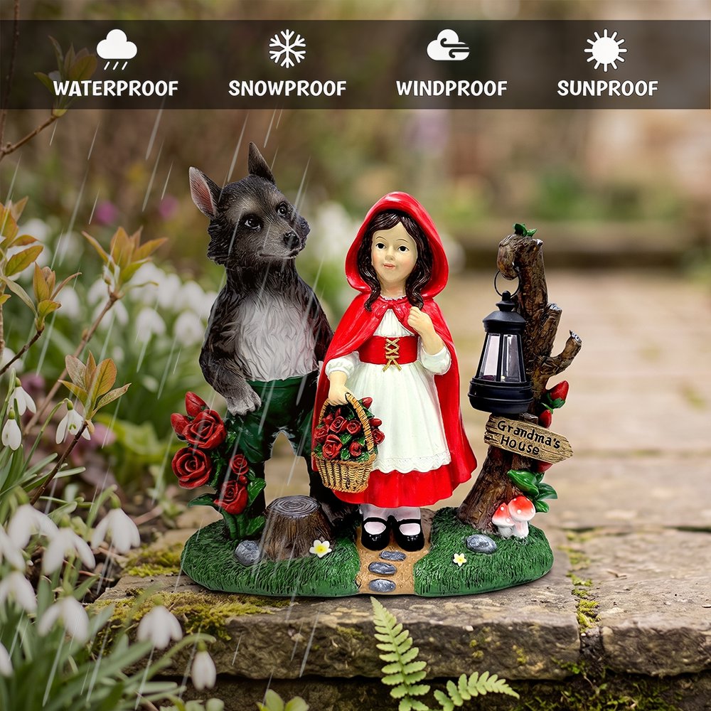 Solar Powered Little Red Riding Hood Garden Statue, 12" Lighted Fairy Tale Figurine Outdoor Decor Resin Statues OrnamentallyYou 