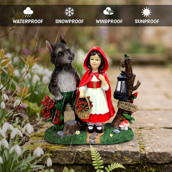 Solar Powered Little Red Riding Hood Garden Statue, 12" Lighted Fairy Tale Figurine Outdoor Decor