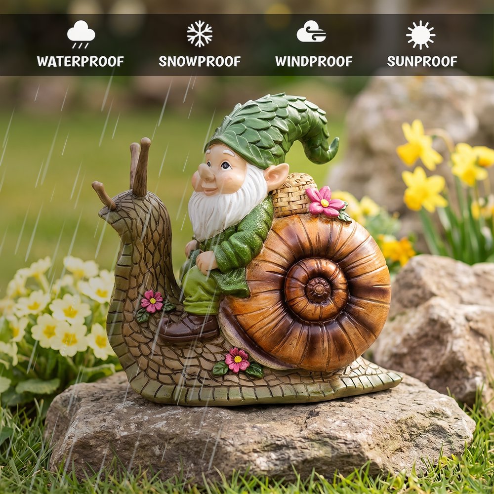 The Snailbound Gnome Cute Verdant Garden Statue, 10" Outdoor Yard or Forest Snail Decoration Resin Statues OrnamentallyYou 