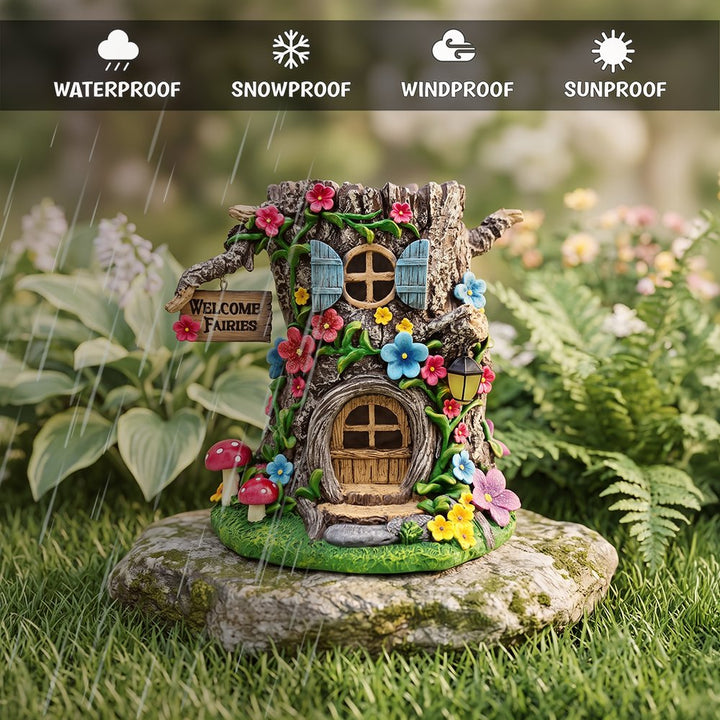 Tree Trunk Fairy Solar House Garden Statue, 8" Lighted Woodland Cottage Figurine Outdoor Decor Resin Statues OrnamentallyYou 