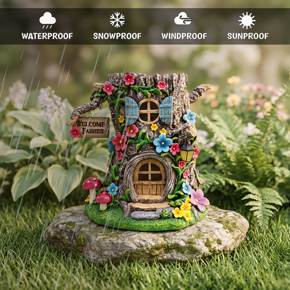 Tree Trunk Fairy Solar House Garden Statue, 8" Lighted Woodland Cottage Figurine Outdoor Decor