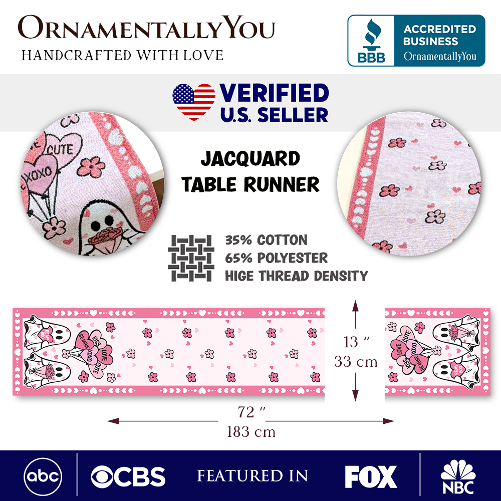 Valentine Ghost 72" Jacquard Table Runner, High Quality Holiday Rectangle Tablecloth with Cute Lovers