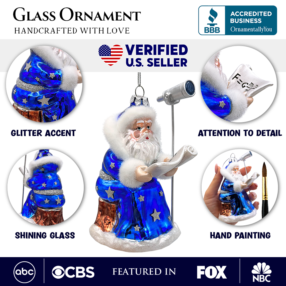 (Pre-Order) Santa the Astronomer Glass Christmas Ornament, Science and Astronomy Themed Holiday Gift