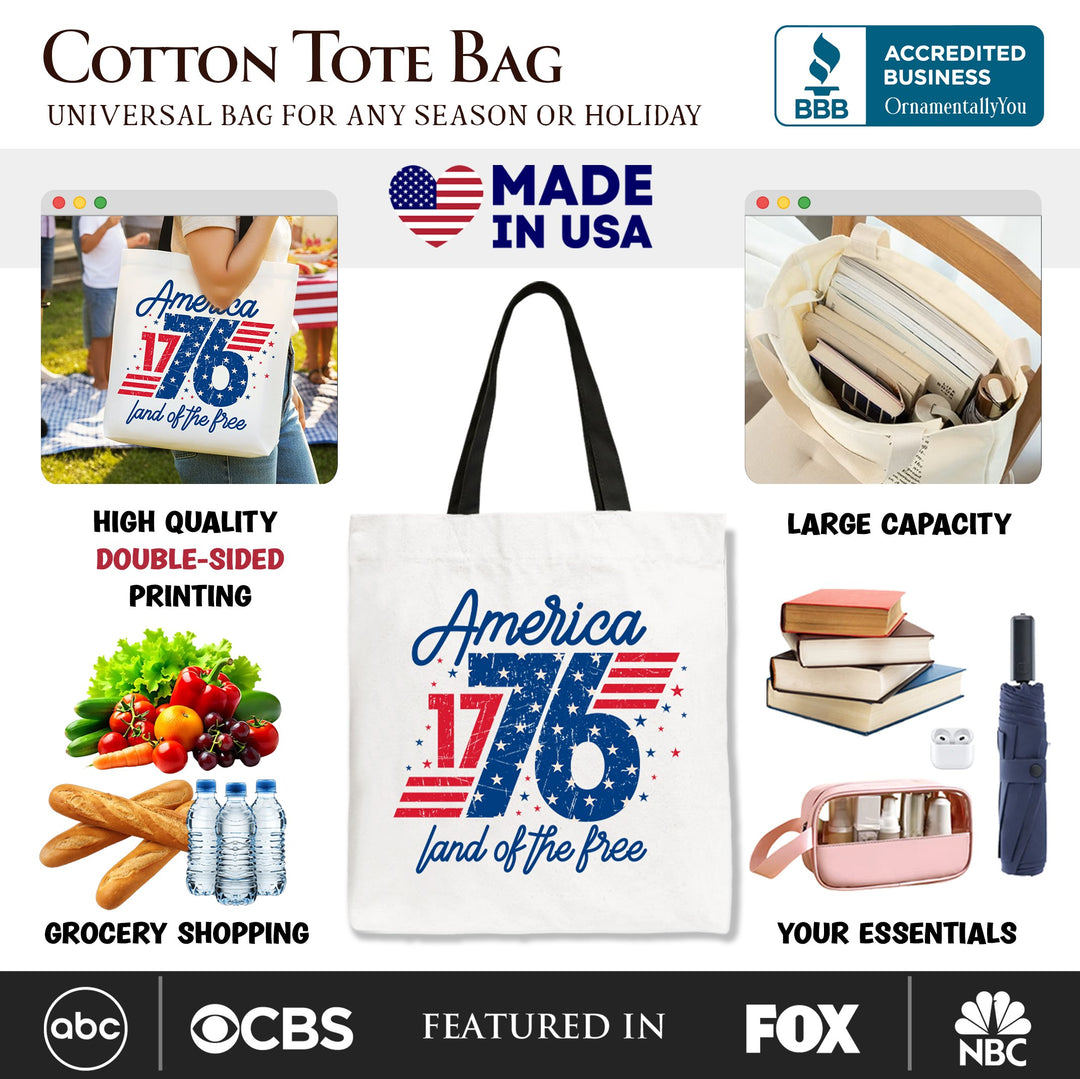 America 1776 Land of the Free Tote Bag, Vintage 4th of July Gift Shopper Tote Bag OrnamentallyYou 