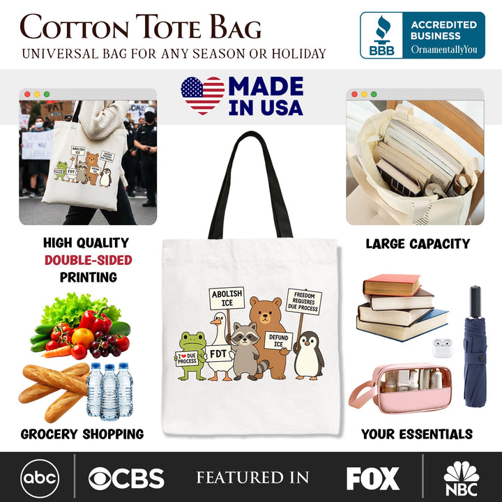 Abolish ICE Animals Protest Canvas Tote Bag, Cute Activist Gift Shopper OrnamentallyYou 