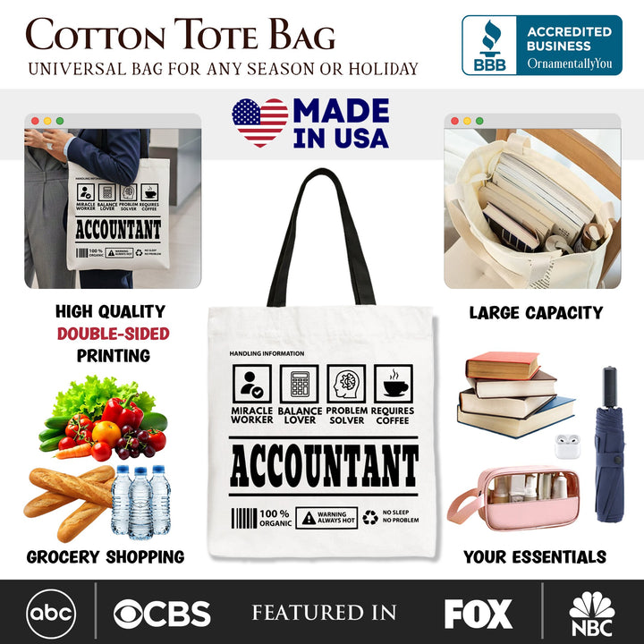Accountant Nutrition Facts Tote Bag, Bookkeeper Humor Gift Shopper Tote Bag OrnamentallyYou 