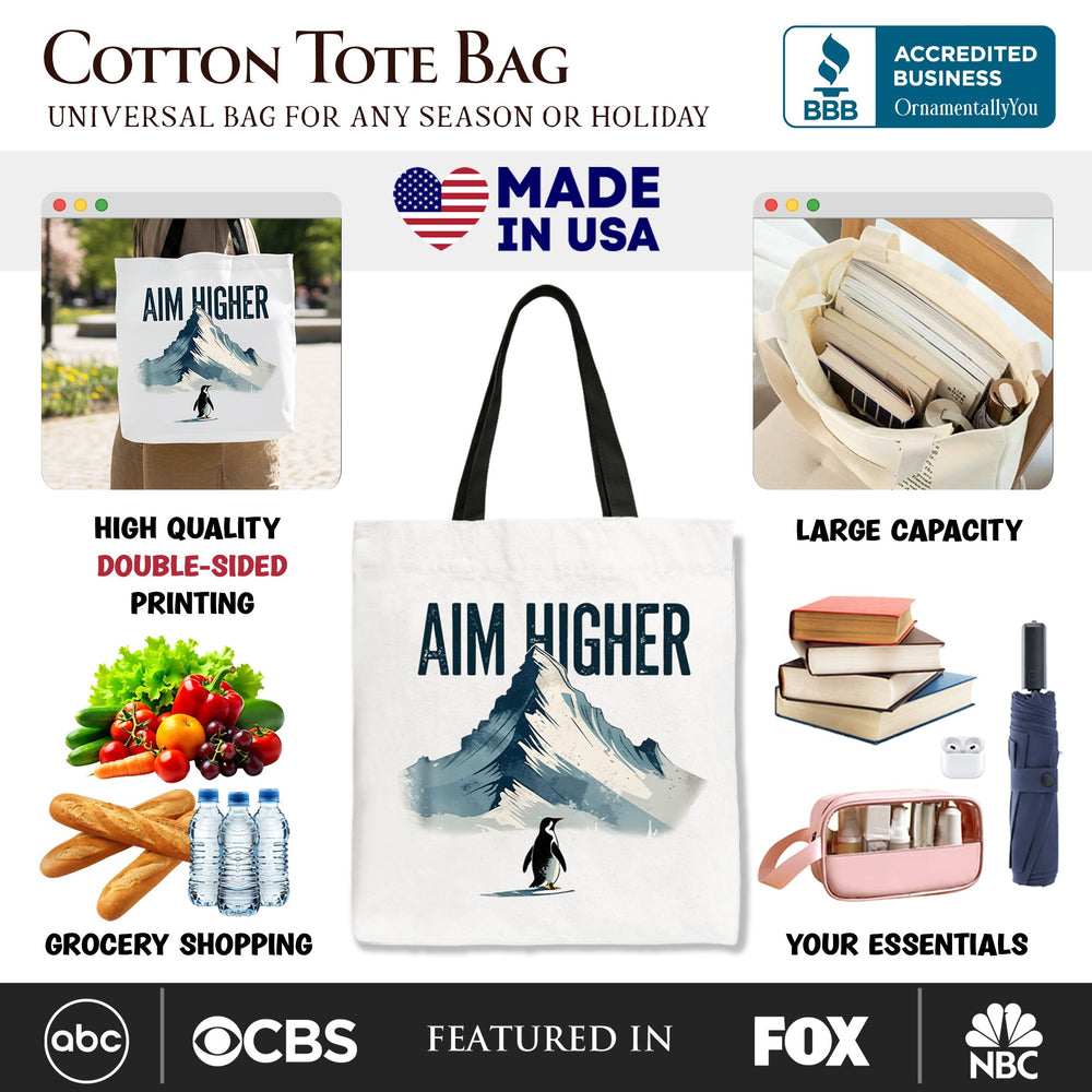 Aim Higher Penguin Tote Bag, Vintage Mountain Motivational Quote Gift Shopper Tote Bag OrnamentallyYou 