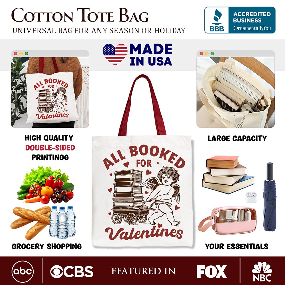 All Booked For Valentines Cupid Canvas Tote Bag, Vintage Funny Bookworm Gift Tote Bag OrnamentallyYou 