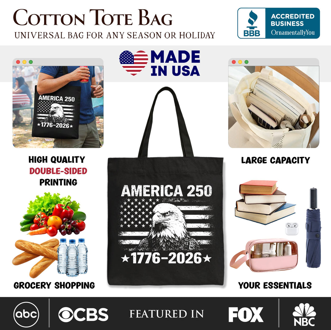 America 250 Freedom Flag Eagle Tote Bag, 4th of July USA Patriotic 1776–2026 Gift Shopper Tote Bag OrnamentallyYou 