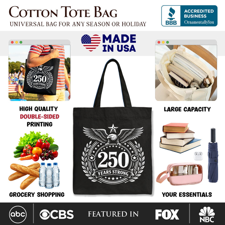 America 250 Years Strong Eagle Tote Bag, 4th of July USA Patriotic 1776–2026 Gift Shopper Tote Bag OrnamentallyYou 
