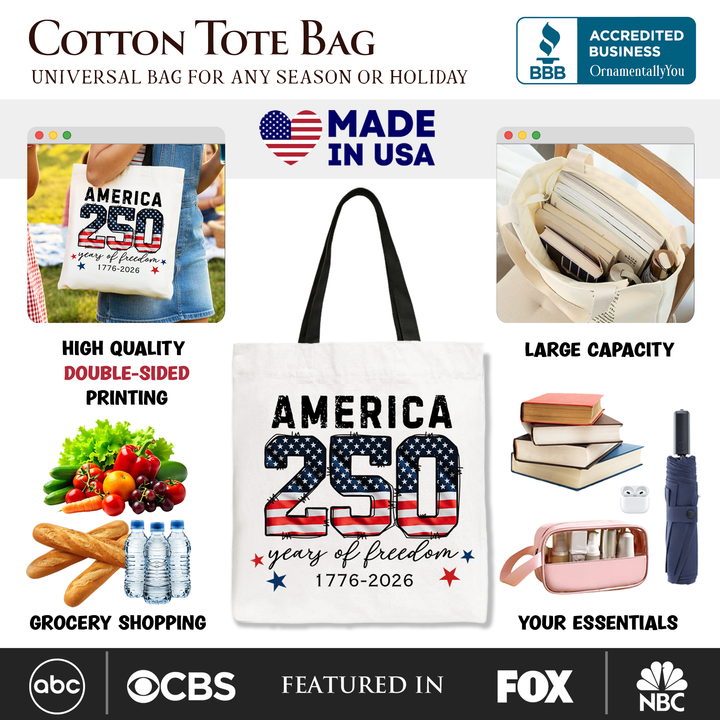 America 250 Years of Freedom Tote Bag, Patriotic USA Anniversary 1776 Gift Shopper