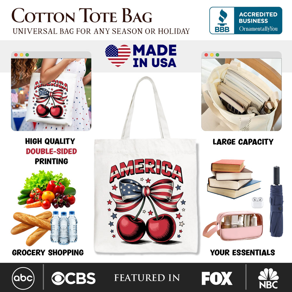 America Coquette Cherries Tote Bag, Patriotic 4th of July Gift Shopper Tote Bag OrnamentallyYou 