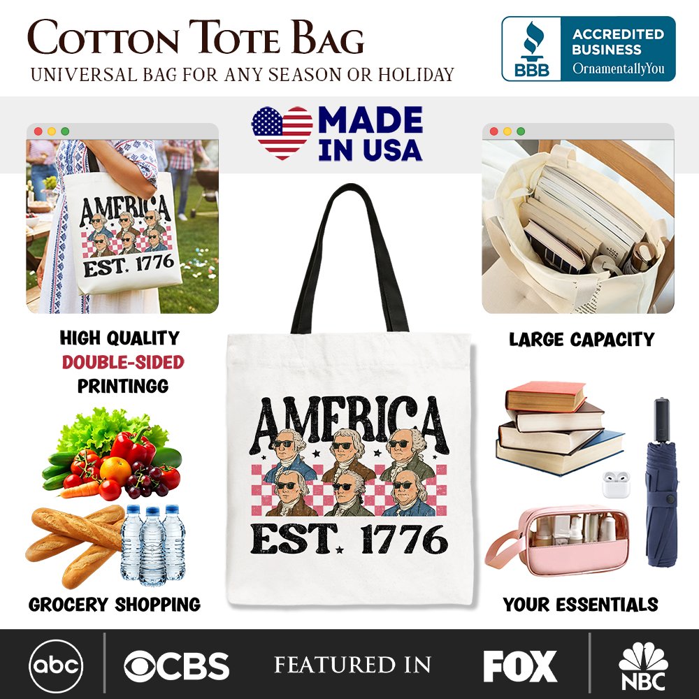 America Est 1776 Founding Fathers Vintage Canvas Tote Bag, Retro Patriotic Gift Shopper Tote Bag OrnamentallyYou 
