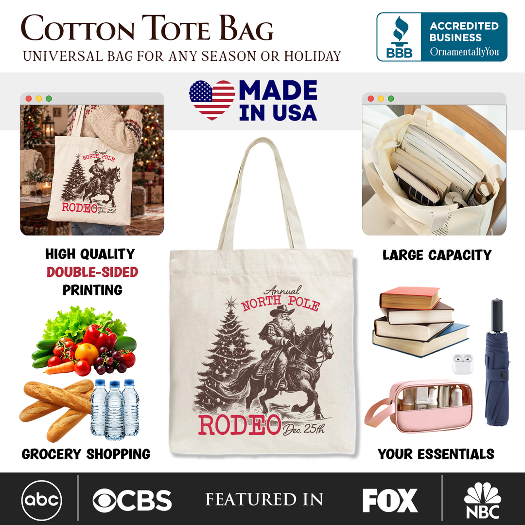 Annual North Pole Rodeo Tote Bag, Funny Cowboy Santa Christmas Gift Shopper for Country Lovers