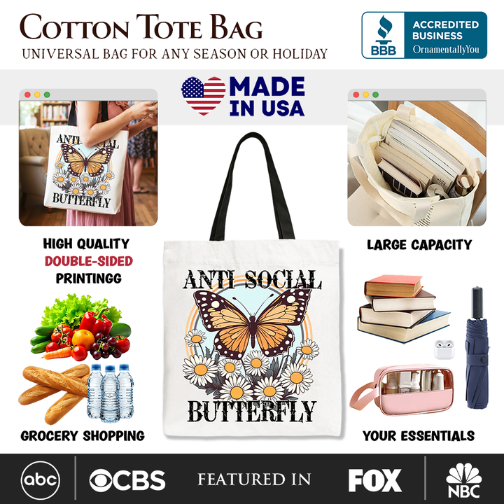 Anti Social Butterfly Canvas Tote Bag, Retro Gift Shopper for Quirky and Independent Women